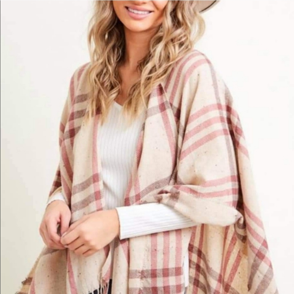 Cream & Pink Plaid Shawl